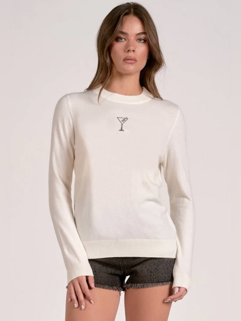 Elan Cream Crewneck Martini Sweater Martini Rhinestone Embellishment Size Small